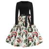 Women's Vintage Christmas Print Long Sleeve Round Neck Party Dress for Holiday Parties