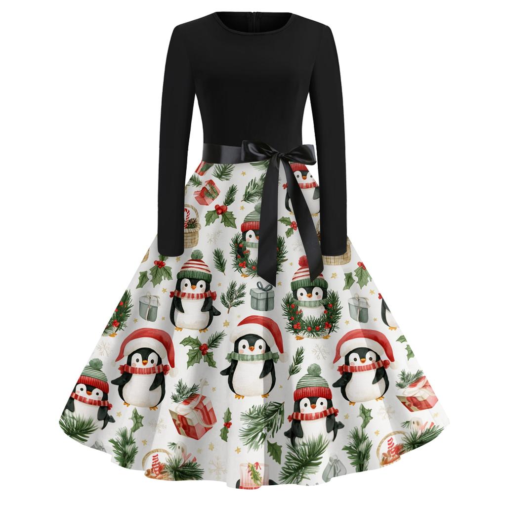 Women's Vintage Christmas Print Long Sleeve Round Neck Party Dress for Holiday Parties