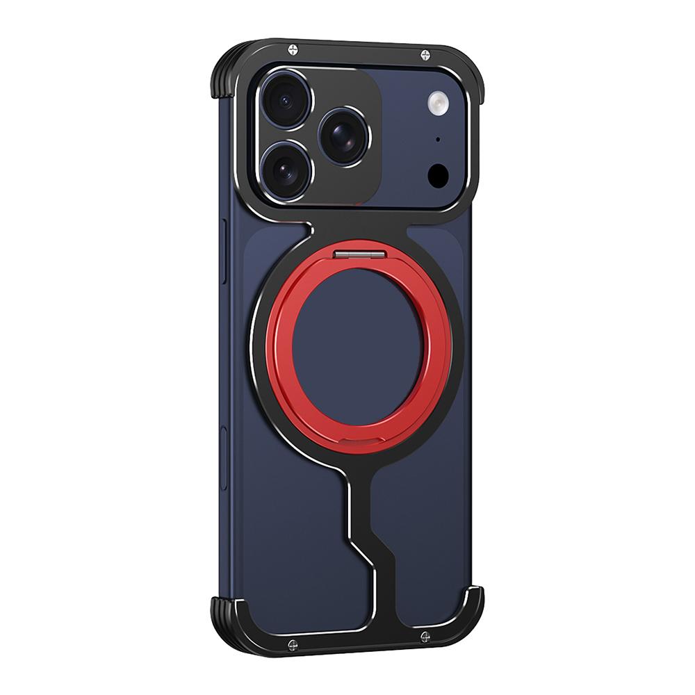 For iPhone 17 Pro Metal Case Rotating Kickstand Heat Dissipation Frameless Phone Bumper Cover with Lens Protector