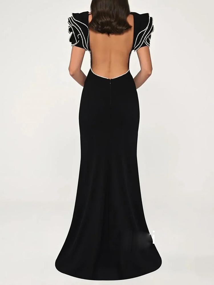 2025 European & American Designer Rhinestone Ruffle Sleeve Backless Floor-Length Gown