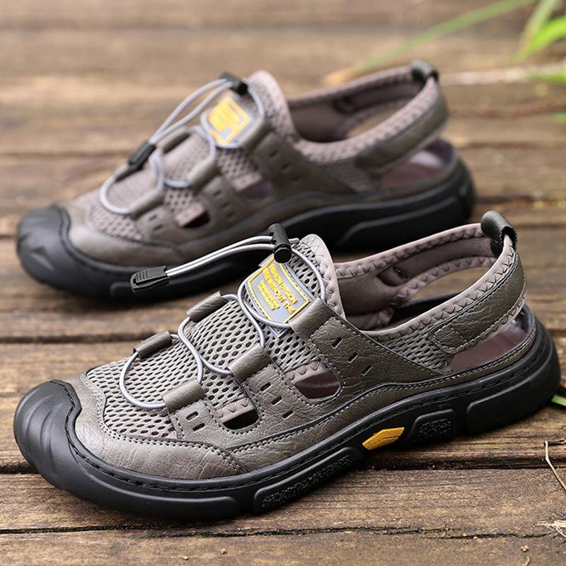 Mode Sommer Mode Herren Sandalen Atmungsaktive Herrenschuhe Leder Outdoor Herren Sandalen Rutschfest Strandsandalen Hohle Schuhe Strandfußbekleidung