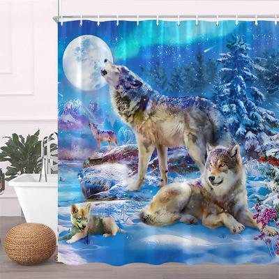 Wolf Shower Curtain Oil Painting Fierce Wildlife Animal In the Pine Forest Under the Moonlight Fabric Decor Bath Accessory Set