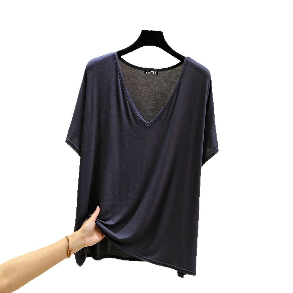 Women's Solid Color V-Neck Cotton Modal Short Sleeve Loose Top