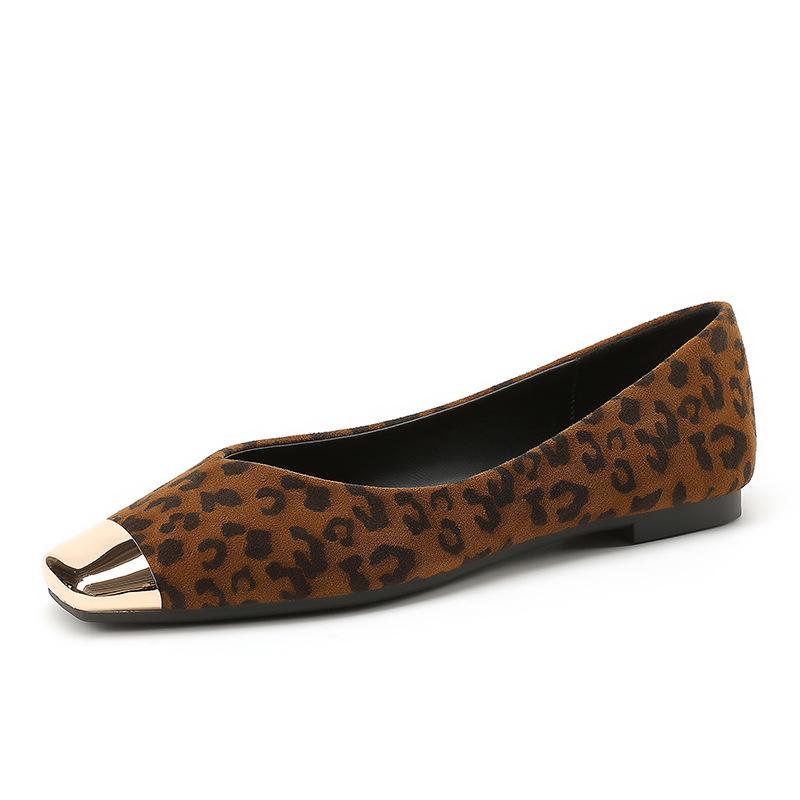 Woman Square Toe Ballerina Flats Faux Suede Leather Shoes Women Flats Non-slip Single Dress Shoes Leopard Print Casual Shoes