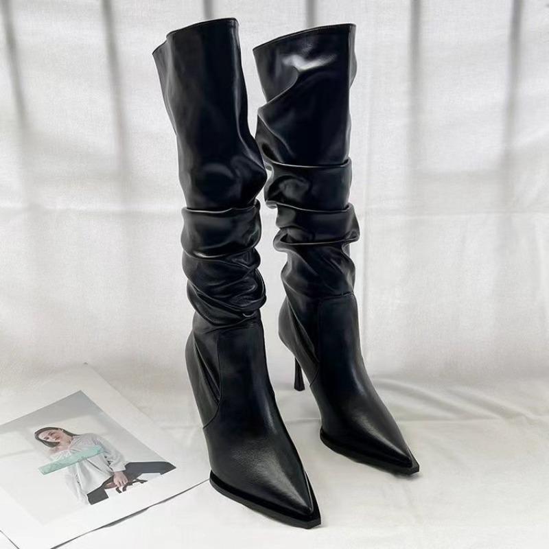Women's Pointed Toe Pleated Knee-High Boots Winter Off White Black High Cylinder Piled Boots Thin Heels Fashion Women Shoes