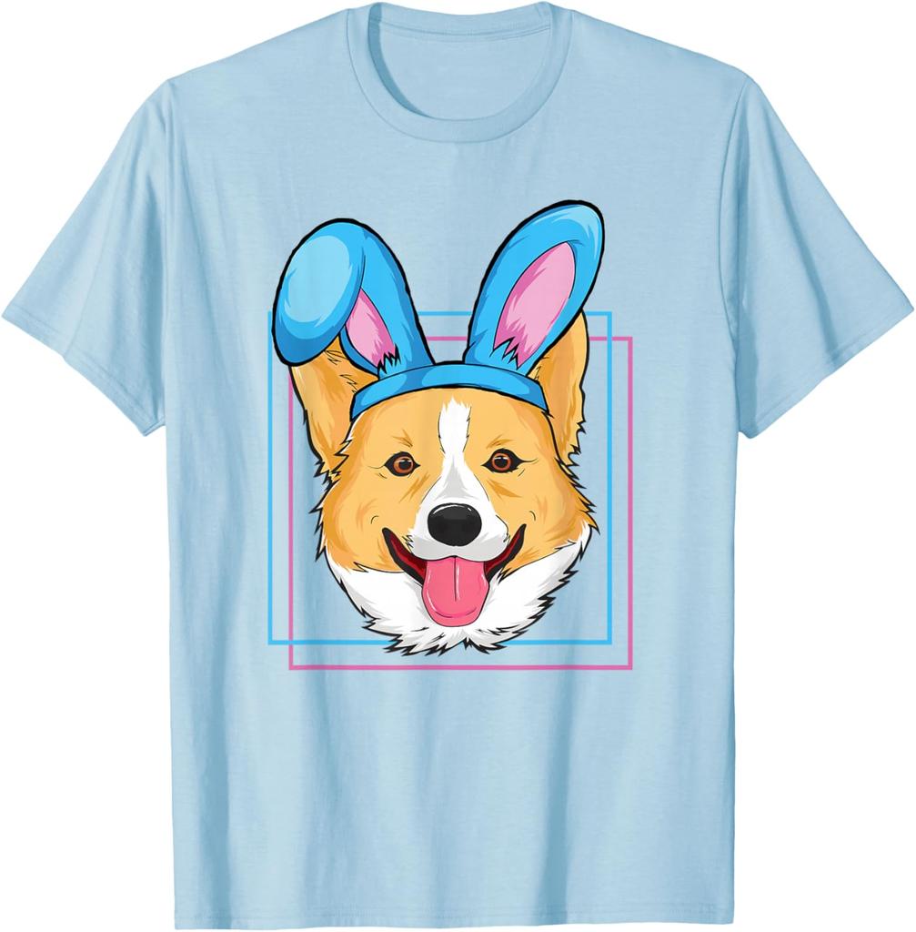 Corgi Wearing Bunny Ears Easter Egg Hunting Dog Lover Graphic T-Shirt Casual Cotton Short Sleeve Tee