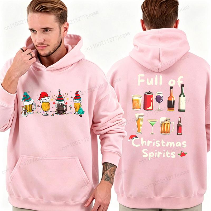 Men Women Funny Full of Christmas Spirits Print Hoodies Beer Wine Graphic Sweatshirts Xmas Holiday Party Hoodies Christmas Gift
