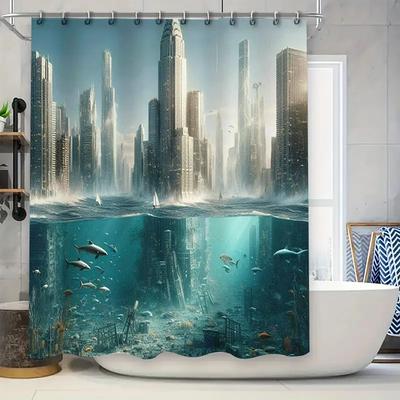 Cortina de Ducha 3D Paisaje Urbano Peces Marinos para Decoración de Baño Estilo Moderno Impresión Tejido Impermeable Alfombrilla de Baño Tiras con Anillas