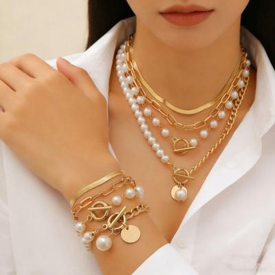1 Set Bracelet Necklace OT Buckle Cuban Chains Imitation Pearls Adjustable Length Necklace Stacking Jewelry Gift