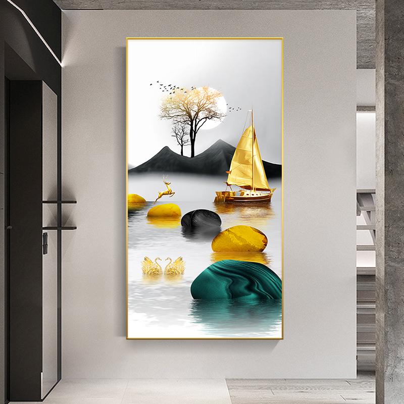 New Chinese Golden Boat Ship Canvas Painting Lucky Stone Zen Posters Landscape Wall Art Pictures for Living Room Porch Decor