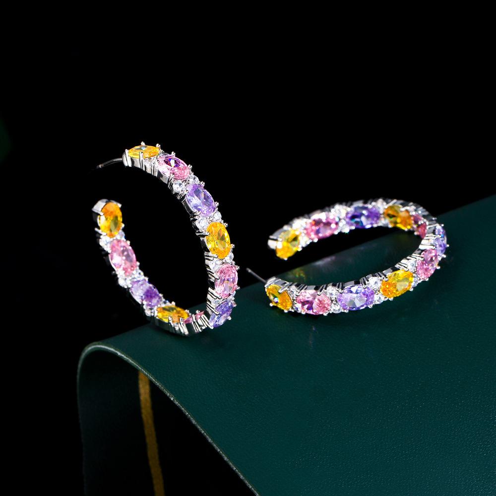 Light Luxury And Colorful Candy C-Shaped Earrings, Rainbow Zircon Circle Earrings, Shining Color Matching Earrings.