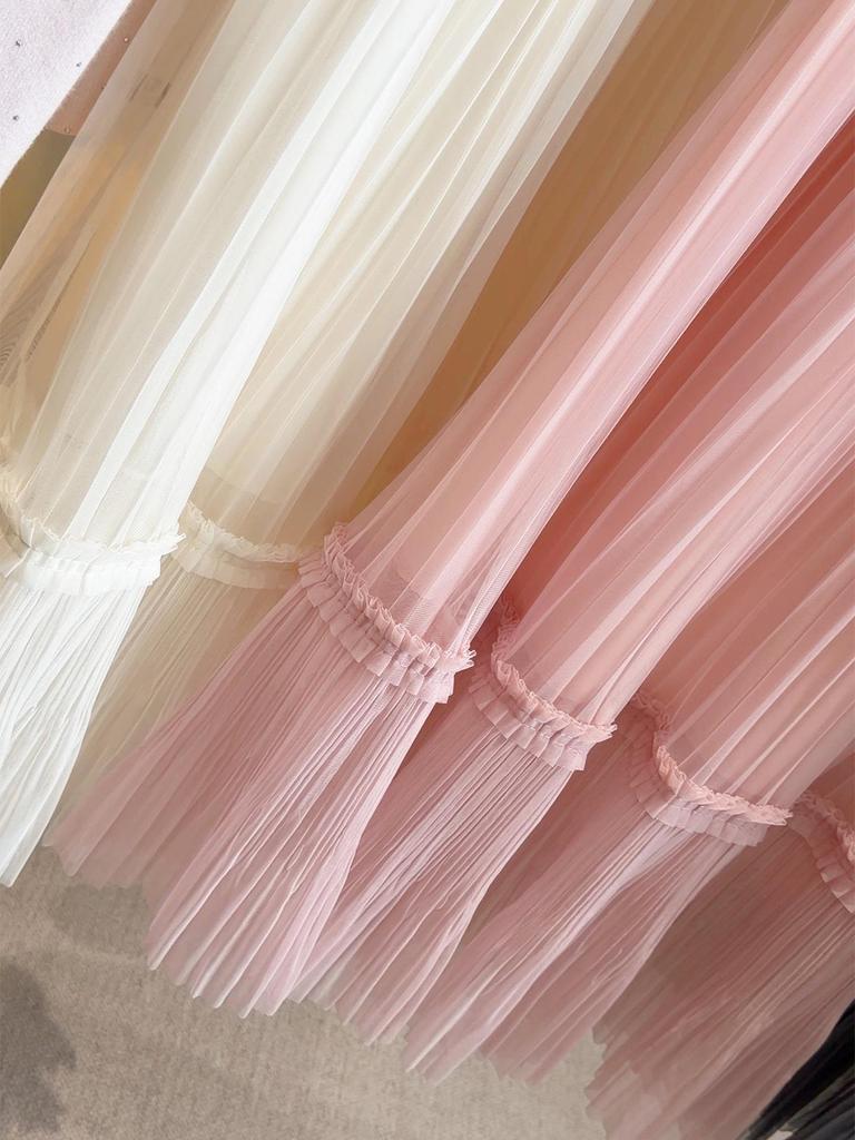 Korean-Inspired Sweet Mesh Skirt for Women - 2026 Spring Collection, Elastic High Waist, A-Line Pleated Design