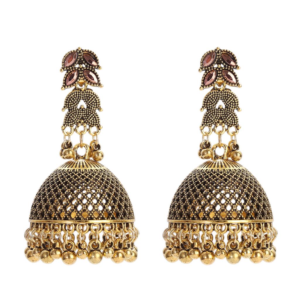 Ethnic Gold Color Big Bell Dangle Earrings for Women Vintage Jewelry Pink Zircon Hollow Bells Carved Earrings Indian Earrings