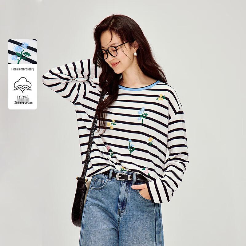 

INMAN Женский полосатый трикотажный топ с длинным рукавом из чистого хлопка с цветочной вышивкой XL