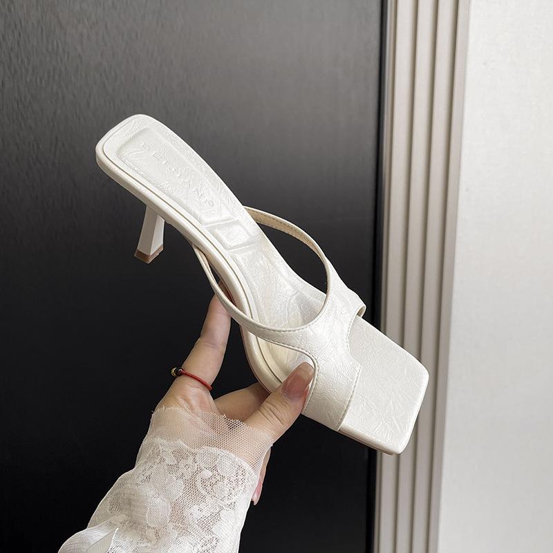 White and Long Legs~ Simple Temperament Square Head Fairy Open Toe High Heel Slippers Women Wear Sandals