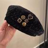 Fashion Socialite Style Classic Style Metal Buttons Black Beret Women Thick Tweed Painter Cap Berets