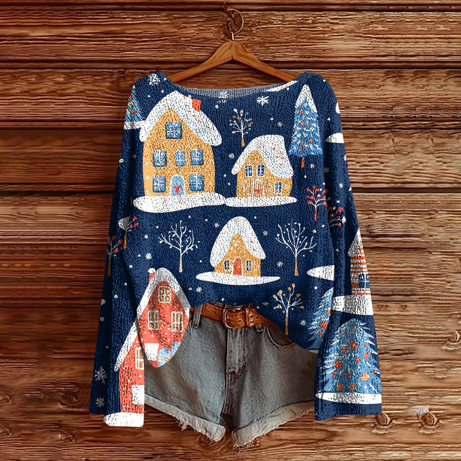 Женский легкий свитер с рождественским принтом повседневный вязаный пуловер с длинным рукавом XL 1844₽