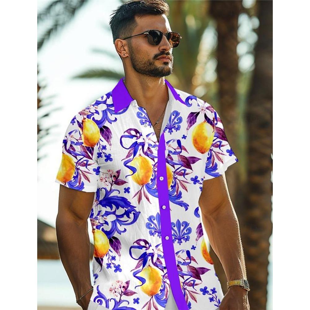 Lemon Tropical Men's Resort Hawaiian 3D Printed Shirt Button Up Short Sleeve Tee Summer Beach Shirt Vacation Daily Wear