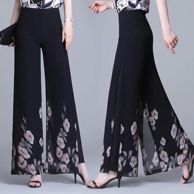 Zomer Dames Dubbellaags Bedrukte Chiffon Wijde Pijpen Broek Hoge Taille Losse Dans Swing Broek Hangende Rok Broek