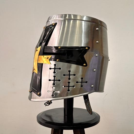 Templar Helmet Medieval Steel Holy Helmet with Brass and Black Cross with Wooden Stand