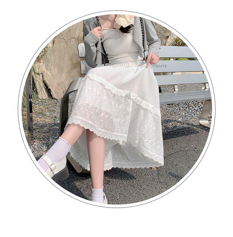 Women's Princess-Style White Lace Midi Skirt - A-line, Tiered, Flared, Spring/Summer Design