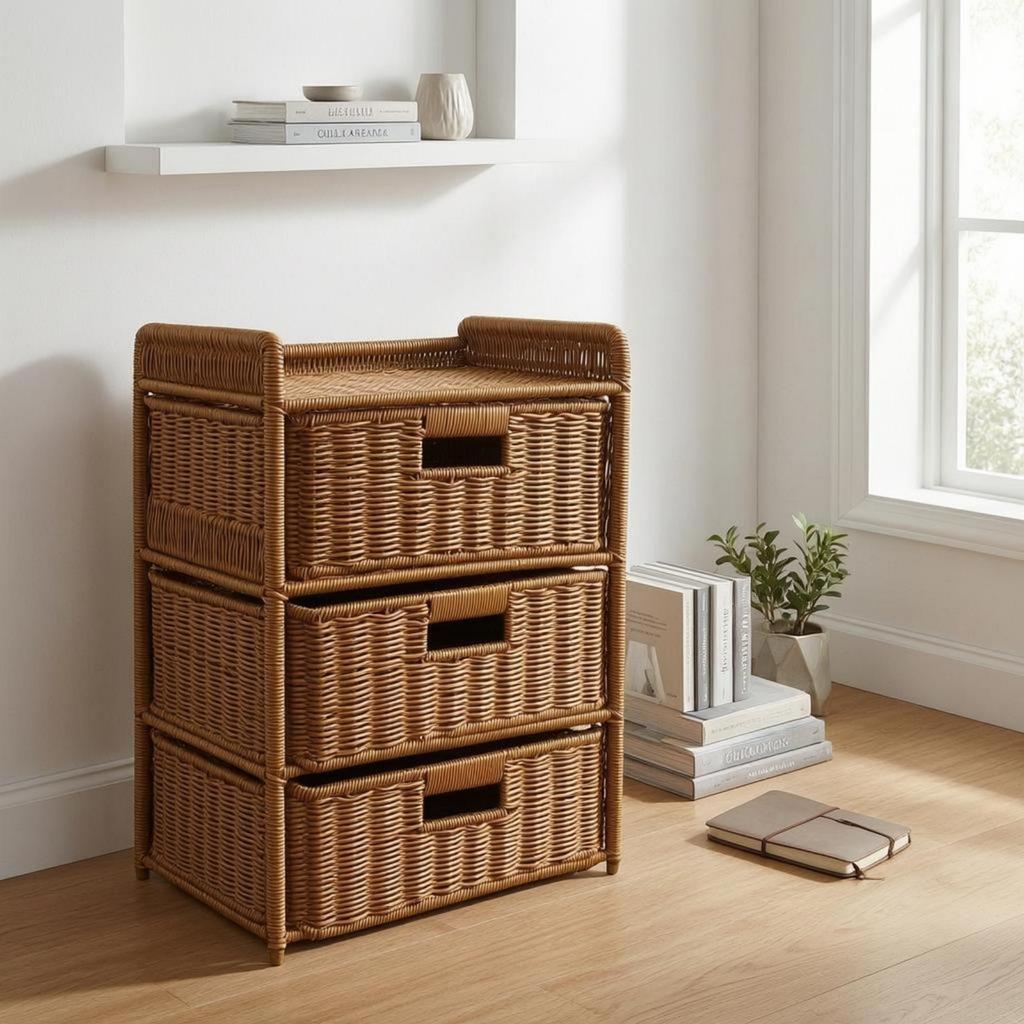 Woven Rattan Storage Cabinet Slim Legs Nightstand Space-Saving