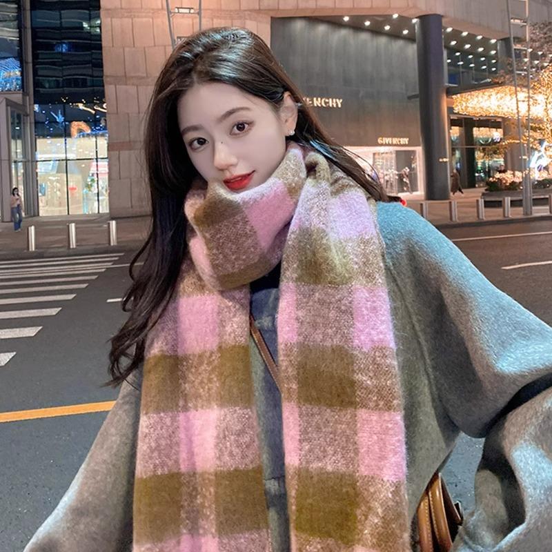 Plaid Scarf Women's Autumn and Winter New Dry Rose Pink Atmosphere Sense Advanced Sense Versatile Thickened Scarf