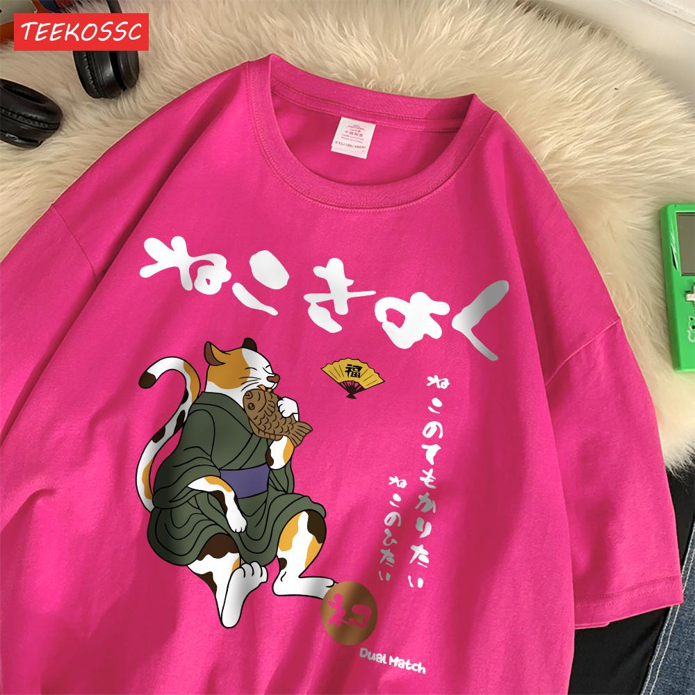 Casual Cotton WomenS TShirts Japanese Retro Fun Cats Printing Tees ONeck Loose Soft Short Sleeve Summer Street Female Clothes