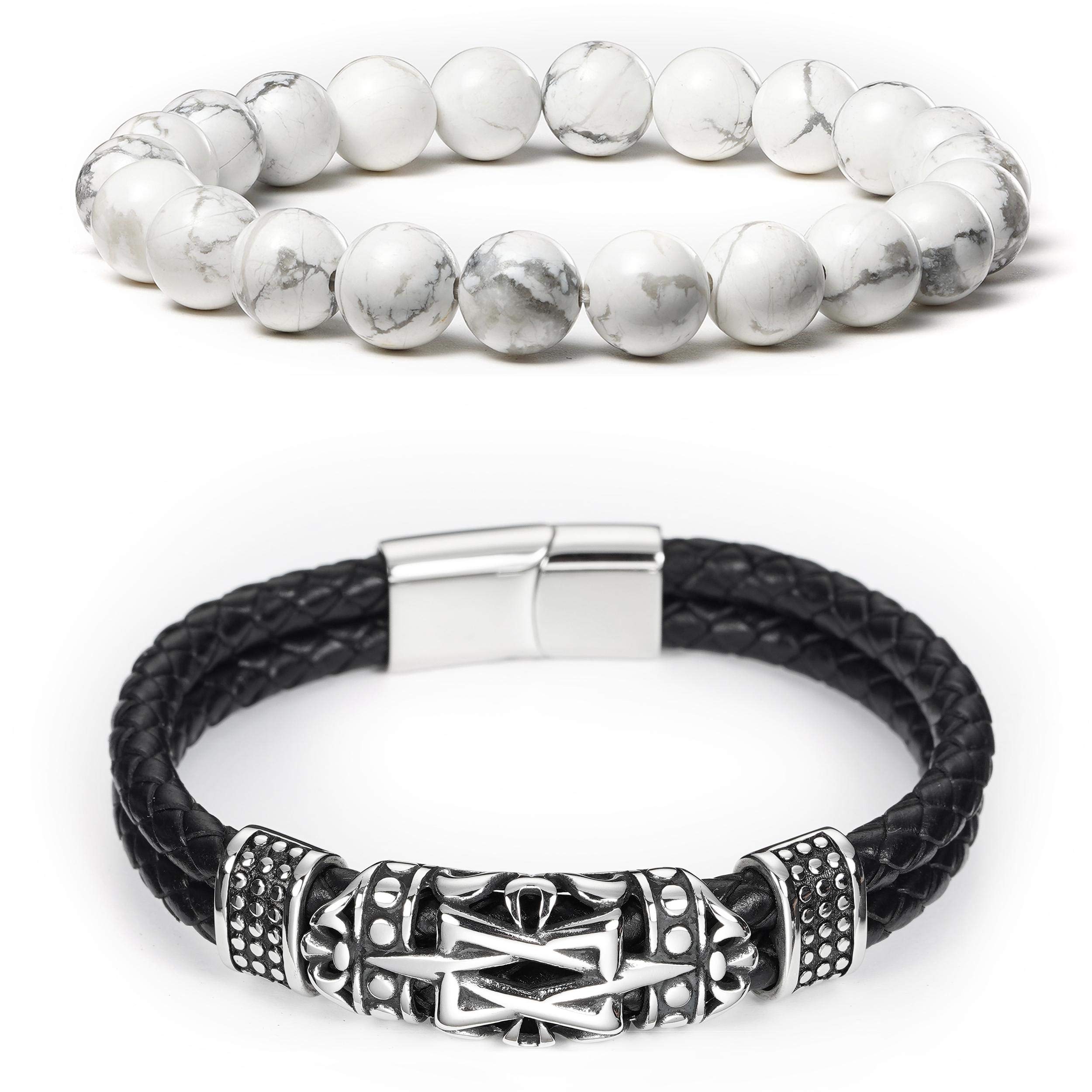 

BINLUN Men s 2-Piece Bracelet Set: Black Leather Bracelet with Braided Leather and 8mm White Natural Stone Beads. Popular Jewelry Accessory (A5)