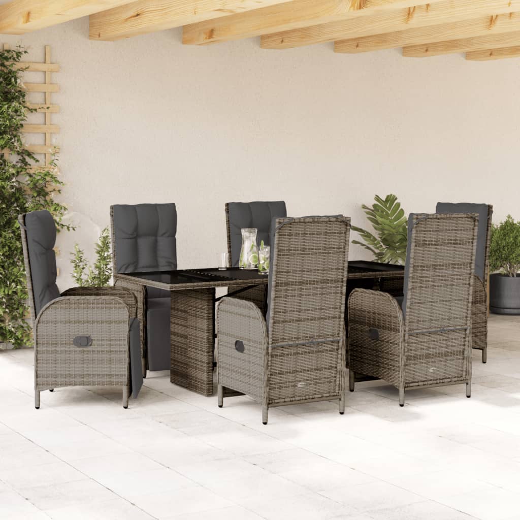 7 Piece Garden Dining Set with Cushions Gray Poly Rattan