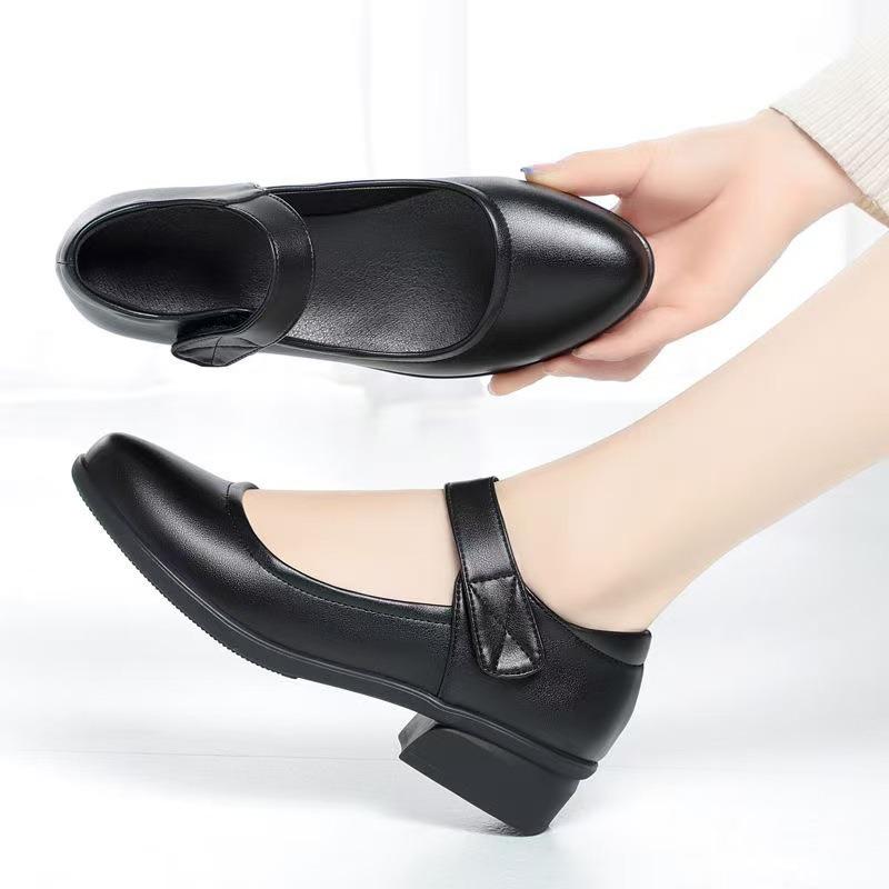 New round head soft leather shoes daily casual soft sole single shoes medium old thick heel medium heel Velcro leather shoes women