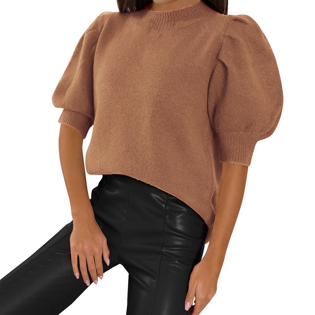 Women's Puff Short Sleeve Knit Sweaters Tops Casual Pullover Shirts