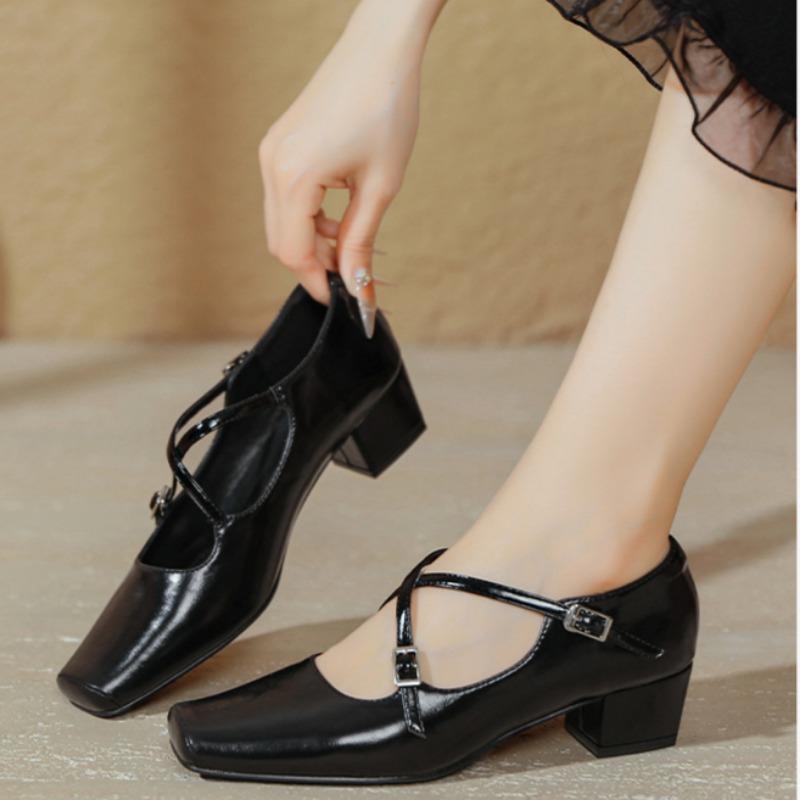 French Cross Strap Mid-heeled Shoes Small Square Toe Retro Women's Shoes Thick Heel Shallow Mouth High Heels