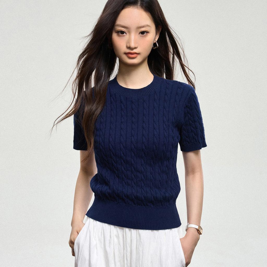 % Cotton knitted sweater women's summer new temperament high-end sense thin twist thin short-sleeved crew neck top thin