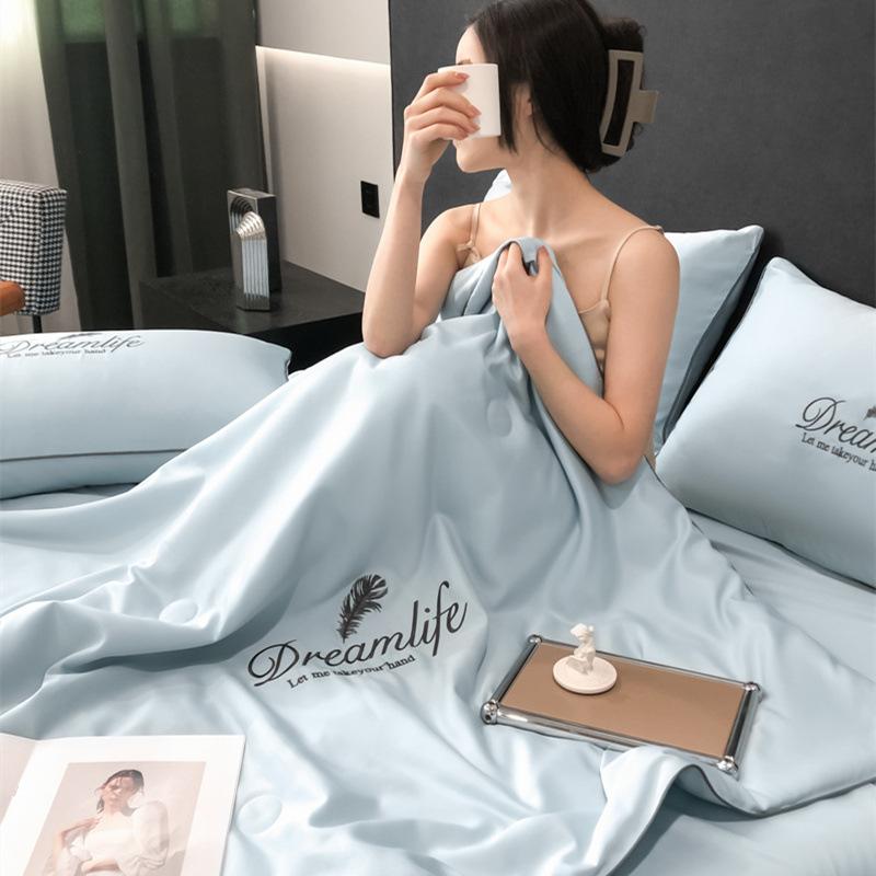 High-End Embroidery Cooling Quilt Set Summer Skin-Friendly Comforter Bedsheet Pillowcase Ice Silky Air Conditioning Blanket Kit