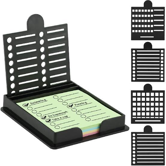 Sticky Note Holder with 5 Different Stencil, 3x3 Sticky Note Stencil Dispenser for Desk, Reble Memo Pad Organizer with Five Line Box Drawing Template