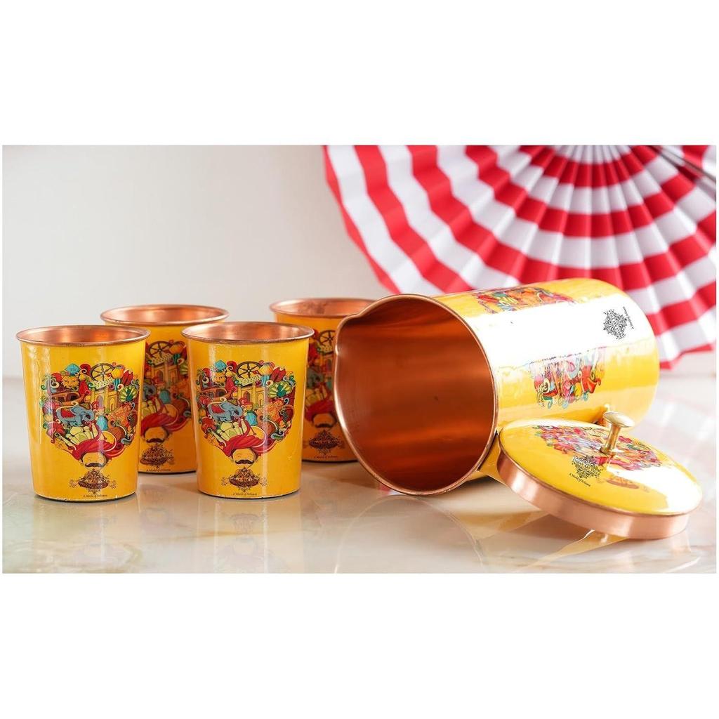 Meena Padharo Mhare Desh Theme Copper Gift Set of 1 Jug & 4 Glass - Perfect for Home, Office, and Gifting, Jug-1.5 Litre & Glass-270 ML Each