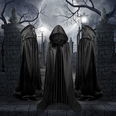 Halloween Children Cosplay Cloak Tie-up Dark Style Satin Hooded Loose Floor Length Pure Color Unisex Stage Show Performance Witch Cape