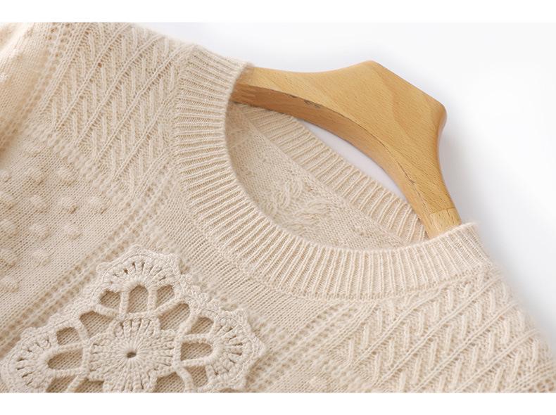 Handmade Women's Loose Knit Wool Sweater - Round Neck, Thick, Trendy, and Stylish Hollow Design.