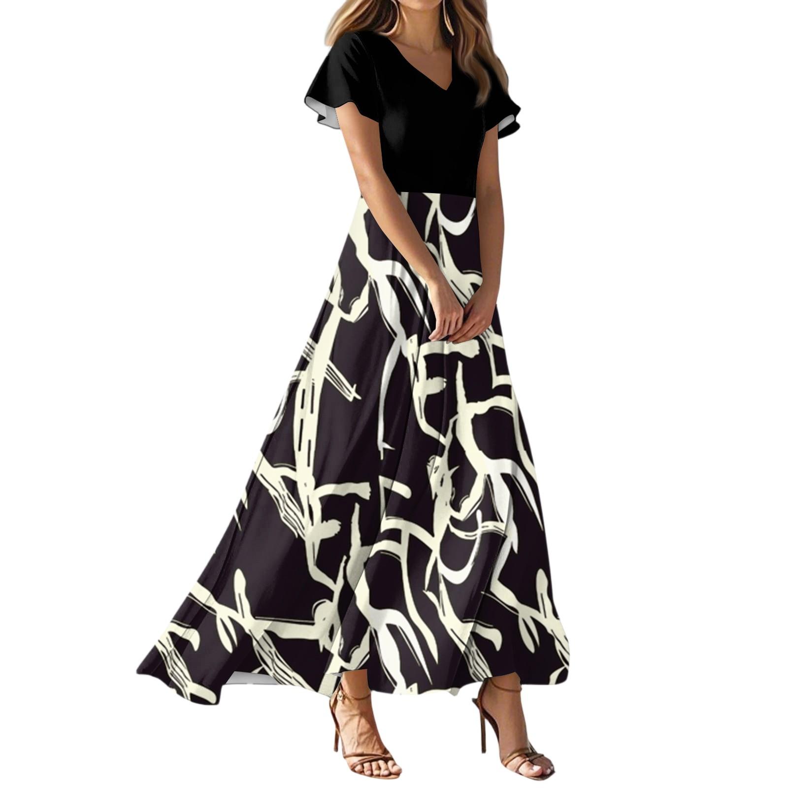 

Women s Summer Casual Fashion Floral Print Dress V Neck Short Sleeve Dress L чёрный