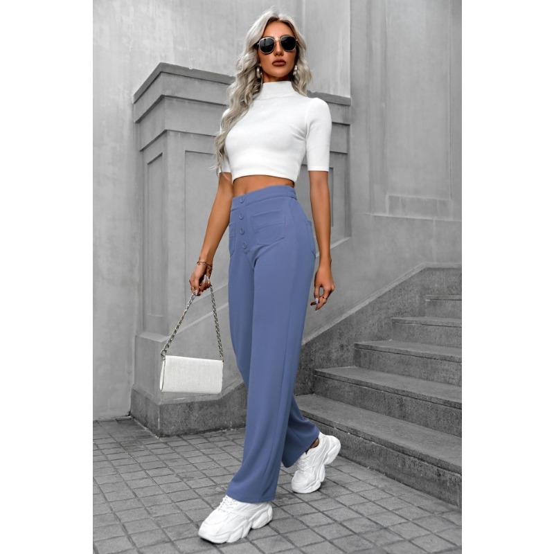 Women Casual High Waist Button Pocket Loose Straight Long Pants