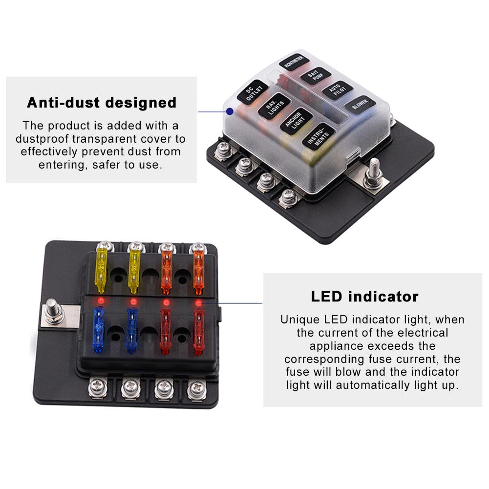 6 Way Blade Fuse Box Holder with LED Safety Indicator Accessories for Car Boat Marine Airplanes