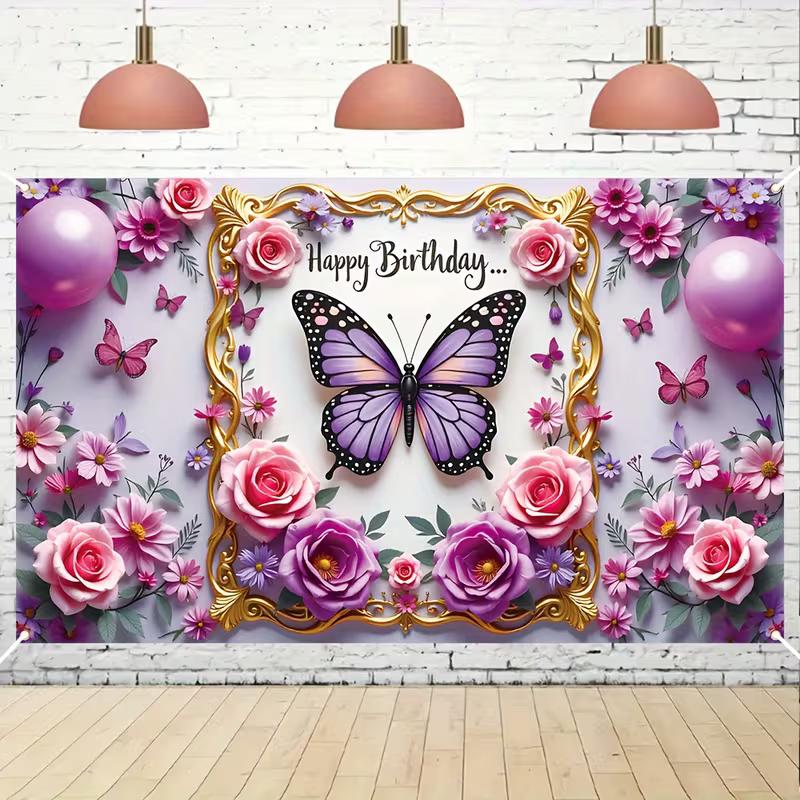 2D Purple Butterfly Floral Happy Birthday Backdrop Photography Banner
