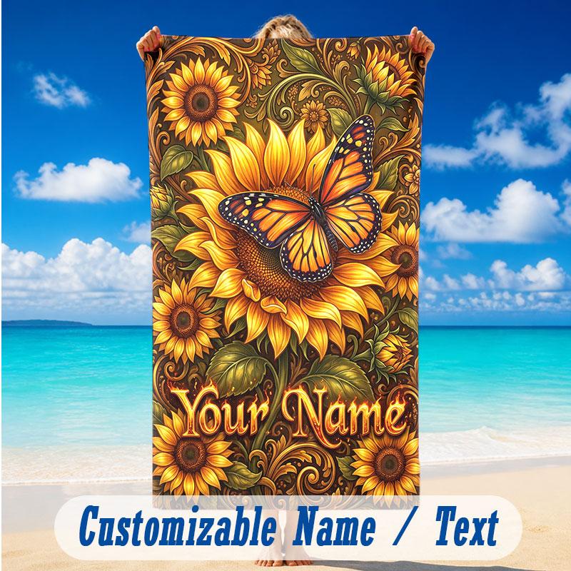 Butterfly Theme Beach Towel Personalized Custom Name & Text Soft Quick Dry Beach Towel for Swimming Travel