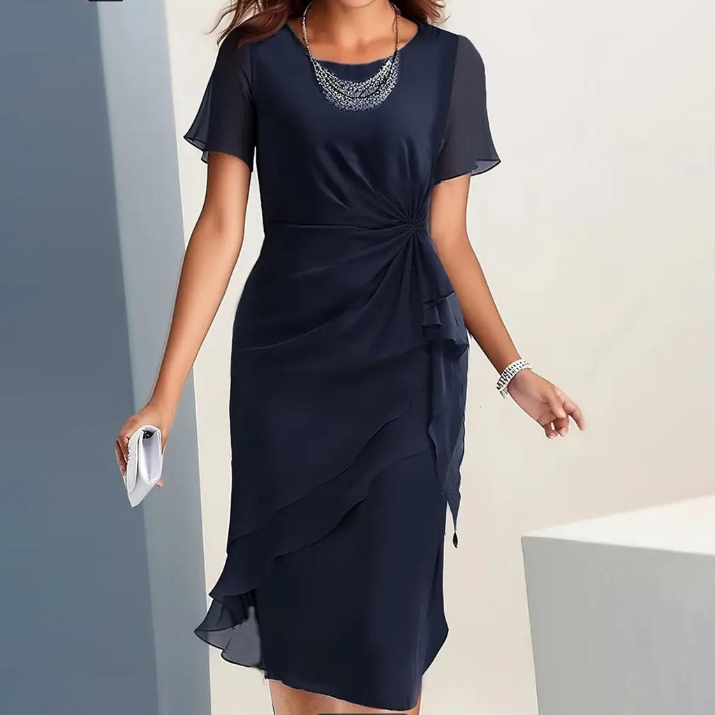 Kjole for kvinner sommerkjole slim fit kjole ensfarget chiffon rund hals kort ermet kjole