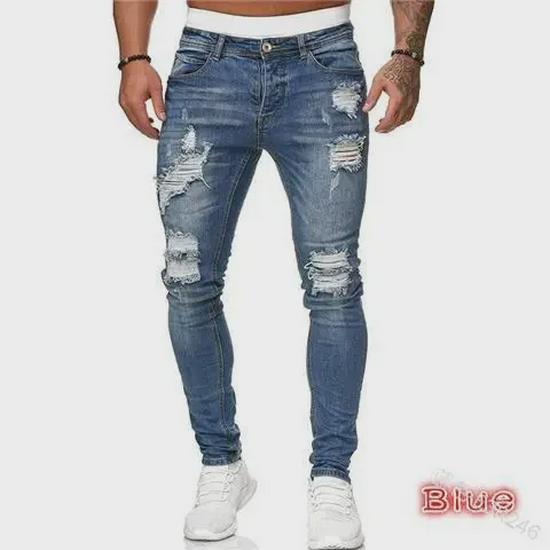 Men's Ripped Skinny Badge-Style Denim Jeans with Zipper Holes