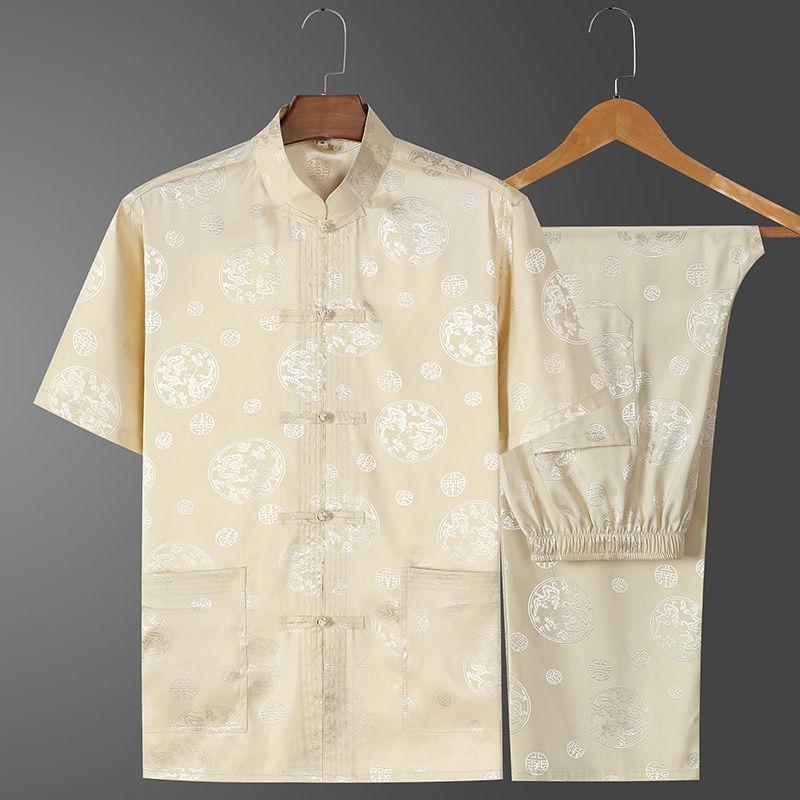 Casual Ice Silk Tang Suit Men's Short Sleeve Loose Fit Plus Size Chinese Style Father Hanfu Summer Clothing For Middle-Aged