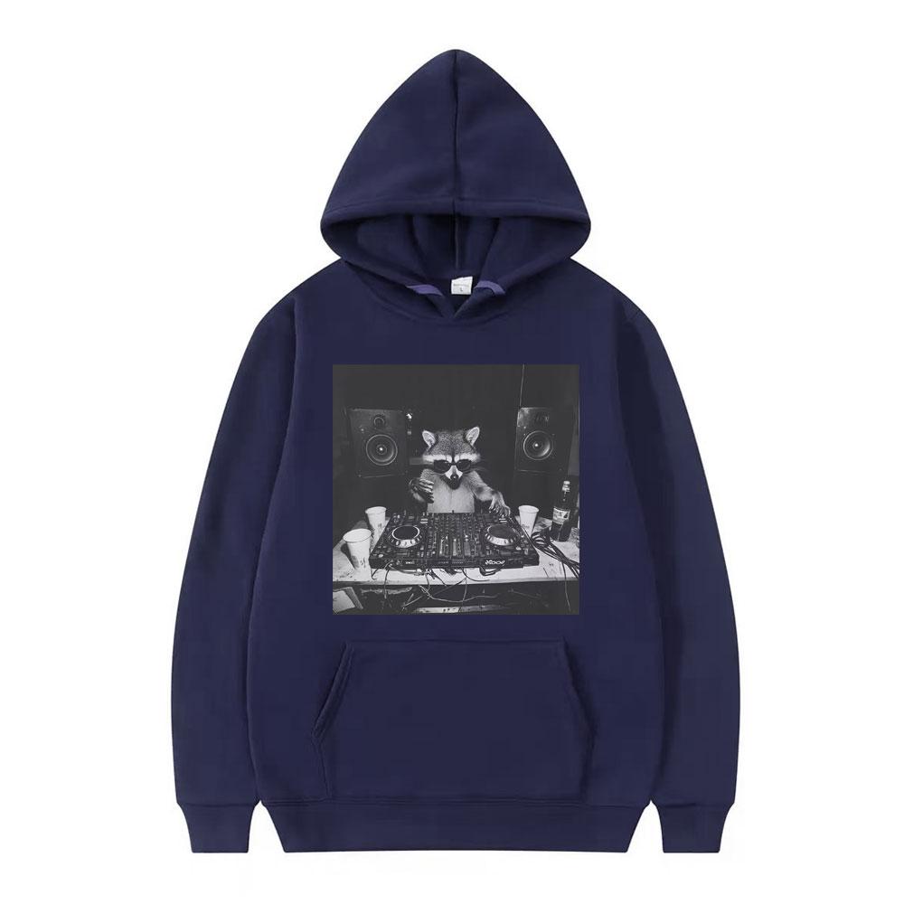 Funny Raccoon DJ Animals Meme Graphic Vintage Hoodie Men Women Pullover Long-sleeved Fashion Harajuku Sweatshirt Streetwear Top