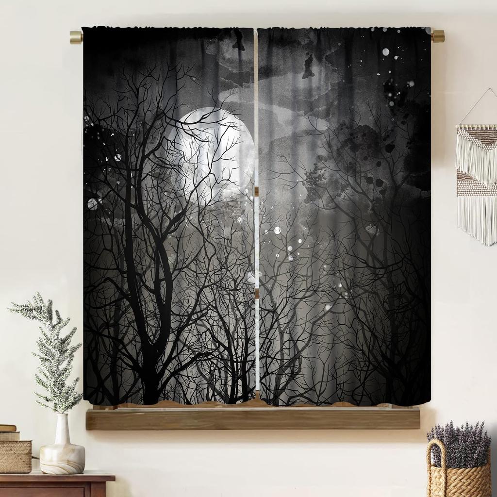 Gothic Dark Misty Forest Curtains Mysterious Horror Foggy Dim Dead Jungle Under Strange Bright Moon Thermal Insulation Blackout Made Of Polyester