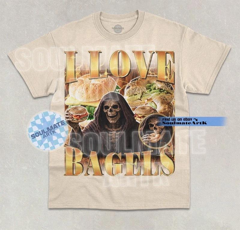 I Love Bagels T- Shirt Funny Skeleton Bootleg Bagel Food Lover Graphic Shirt 4XL